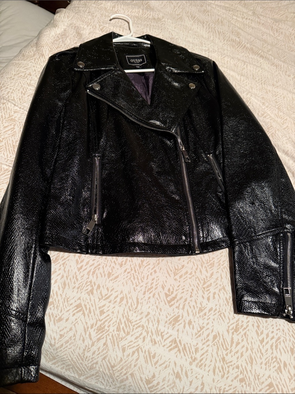 GUESS Black Patent Faux Leather Moto Jacket